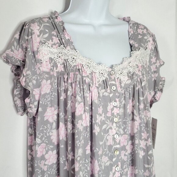 NWT Eileen West Nightgown Floral Sz M Gray Pink Cap Sleeve Modal Cottagecore - Picture 3 of 7